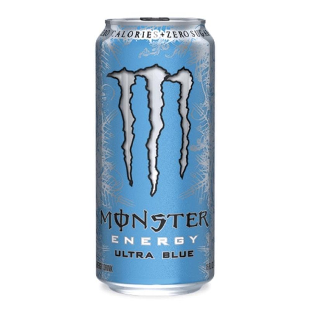 Une canette bleu à motifs argentés avec au centre le logo gris argenté de Monster, un grand M. Le tout sur fond blanc