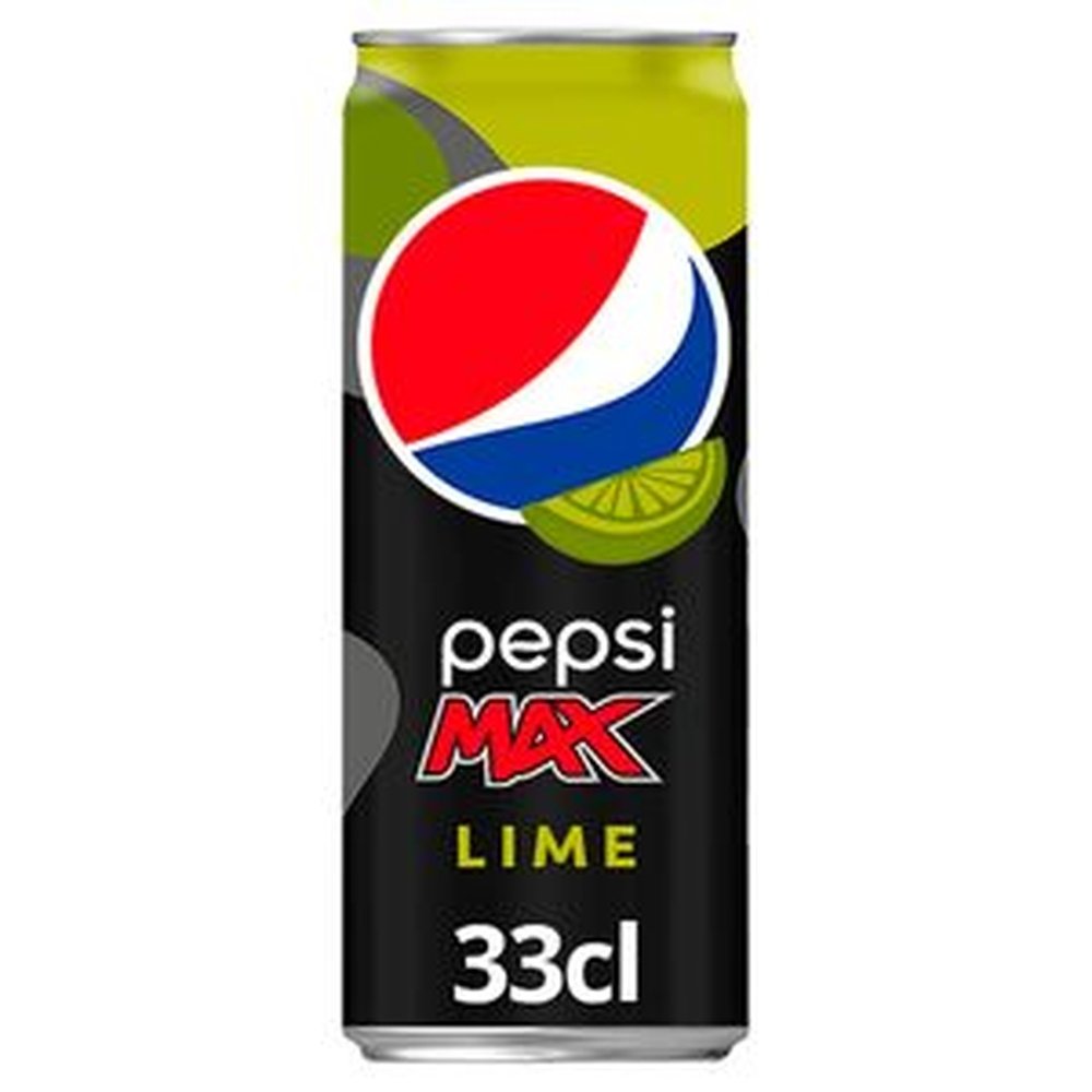 Une longue canette verte et noire sur fond blanc avec le logo de Pepsi au centre et un morceau de citron vert à côté