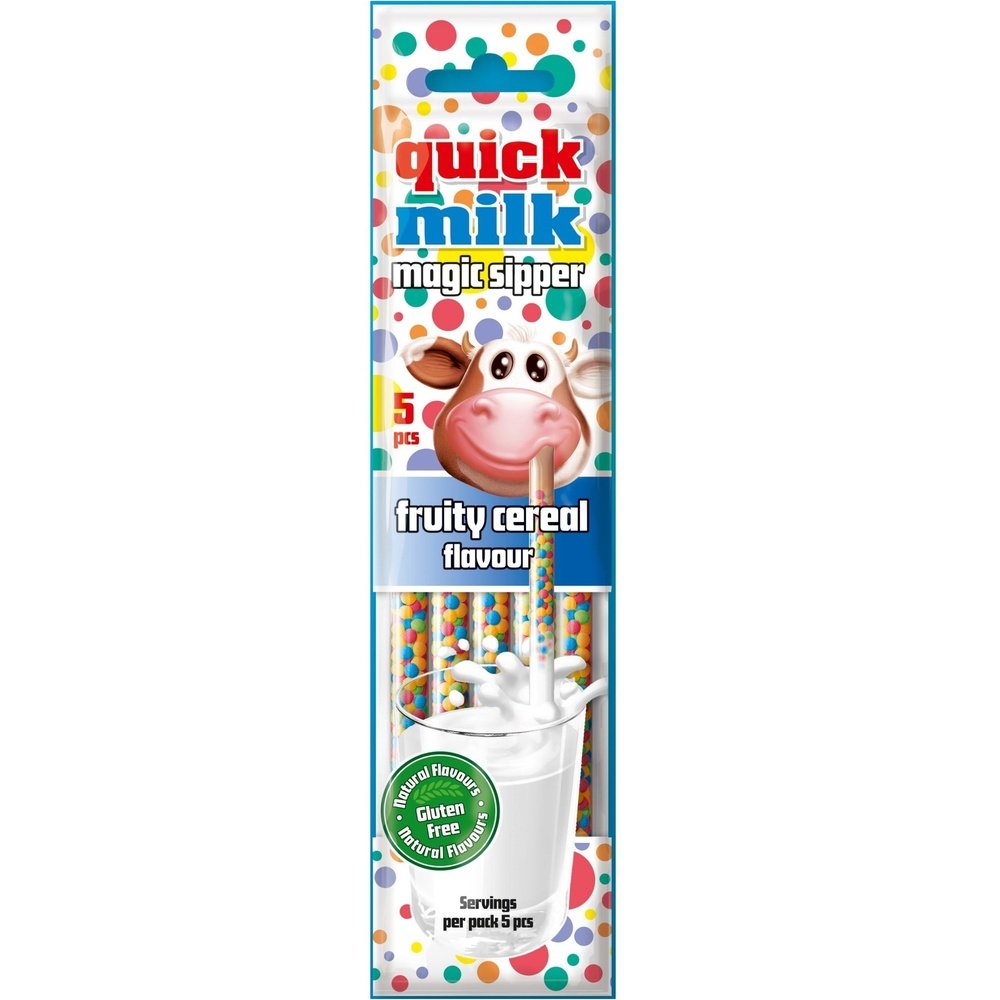 Un emballage rectangulaire blanc avec des ronds colorés sur fond blanc avec une vache qui une paille dans la bouche. Cette paille à des billes multicolores et est dans un verre de lait 