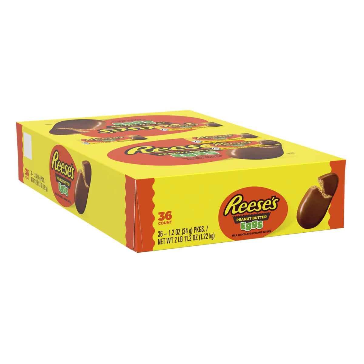 Un paquet en carton jaune et orange sur fond blanc avec à droite un chocolat en forme d'oeuf qui s'ouvre sur son côté gauche et on voit qu'il est fourré au beurre de cacahuète