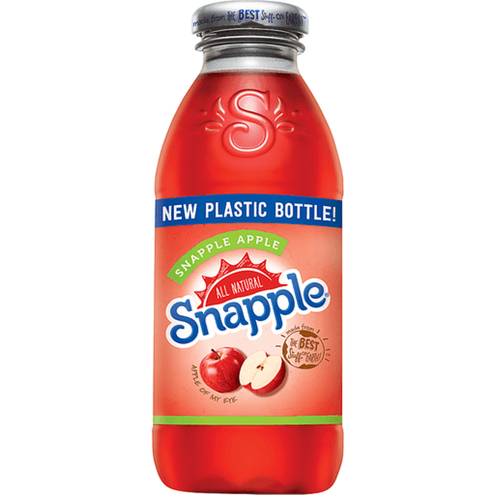 Une bouteille en verre transparent avec du liquide rouge, un capuchon en métal et une étiquette rouge avec une pomme au centre. Le tout sur fond blanc