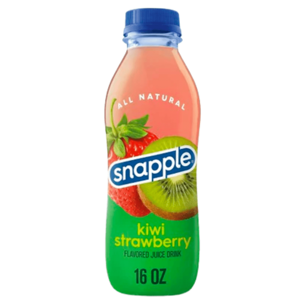 Une bouteille avec un capuchon bleu et une étiquette qui la recouvre sur tout sa longueur, le haut est rose et le bas vert. Au centre il y a une fraise et une moitié de kiwi. Le tout sur fond blanc 