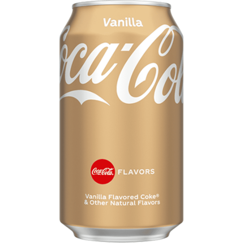 Une canette beige sur fond blanc avec écrit en blanc Vanilla Coco-Cola