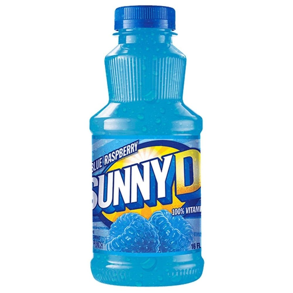 Une bouteille transparente avec un liquide bleu, un capuchon bleu et une étiquette bleue sur la moitié basse où il y a 2 framboises bleues. Le tout sur fond blanc