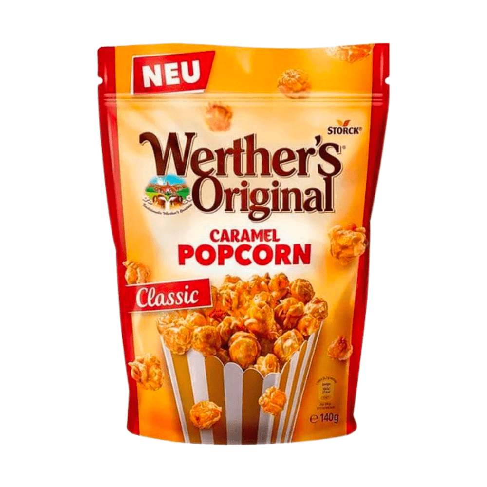 Un emballage de couleur orange et aux extrémités rouge, avec un paquet de popcorn au caramel. Sur le côté gauche, il y une étiquette « Classic » le tout sur fond blanc