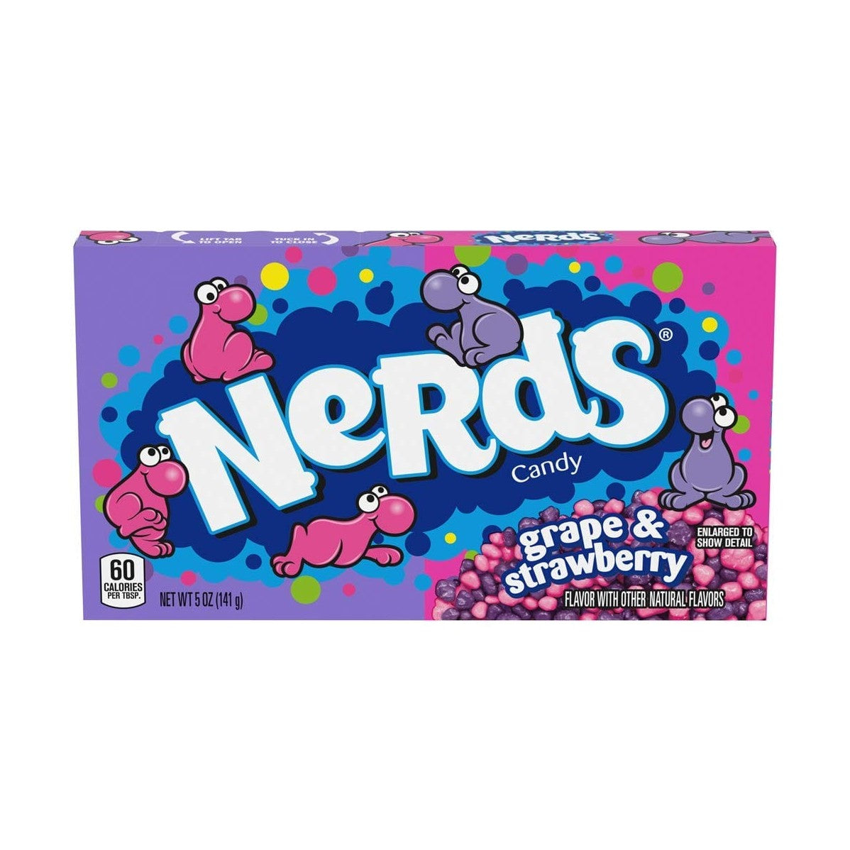Un carton rose et mauve sur fond blanc avec des personnages rose et mauve avec des gros yeux, en bas et à droite il y a une tas de petites boules roses et mauves