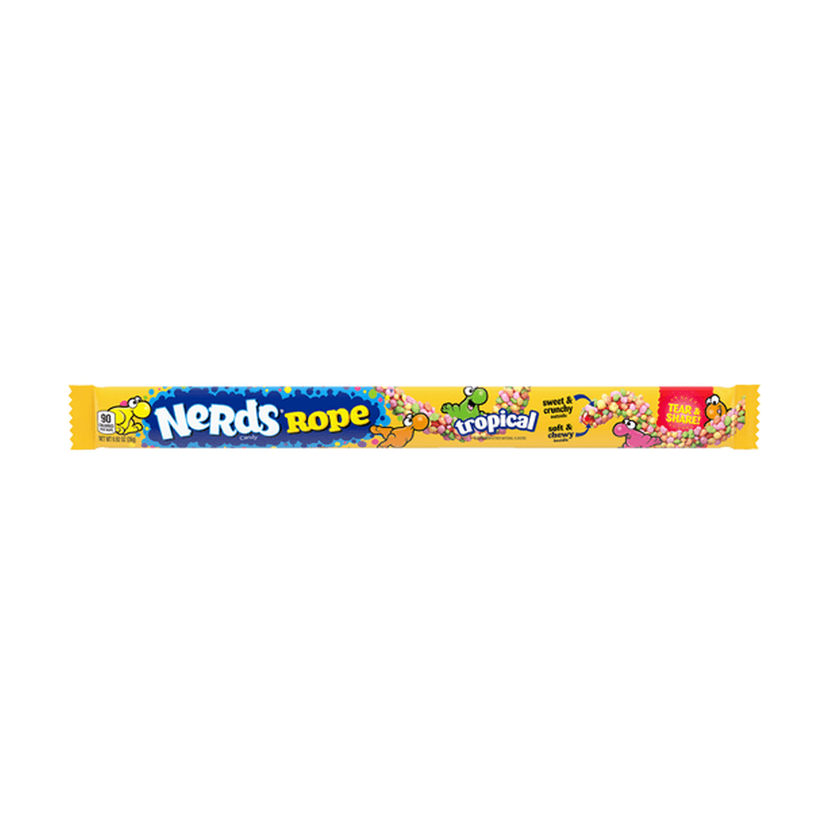 Un emballage jaune long avec un bonbon de perle colorés long et des personnages rose, orange, jaune et mauve. Le tout sur fond blanc