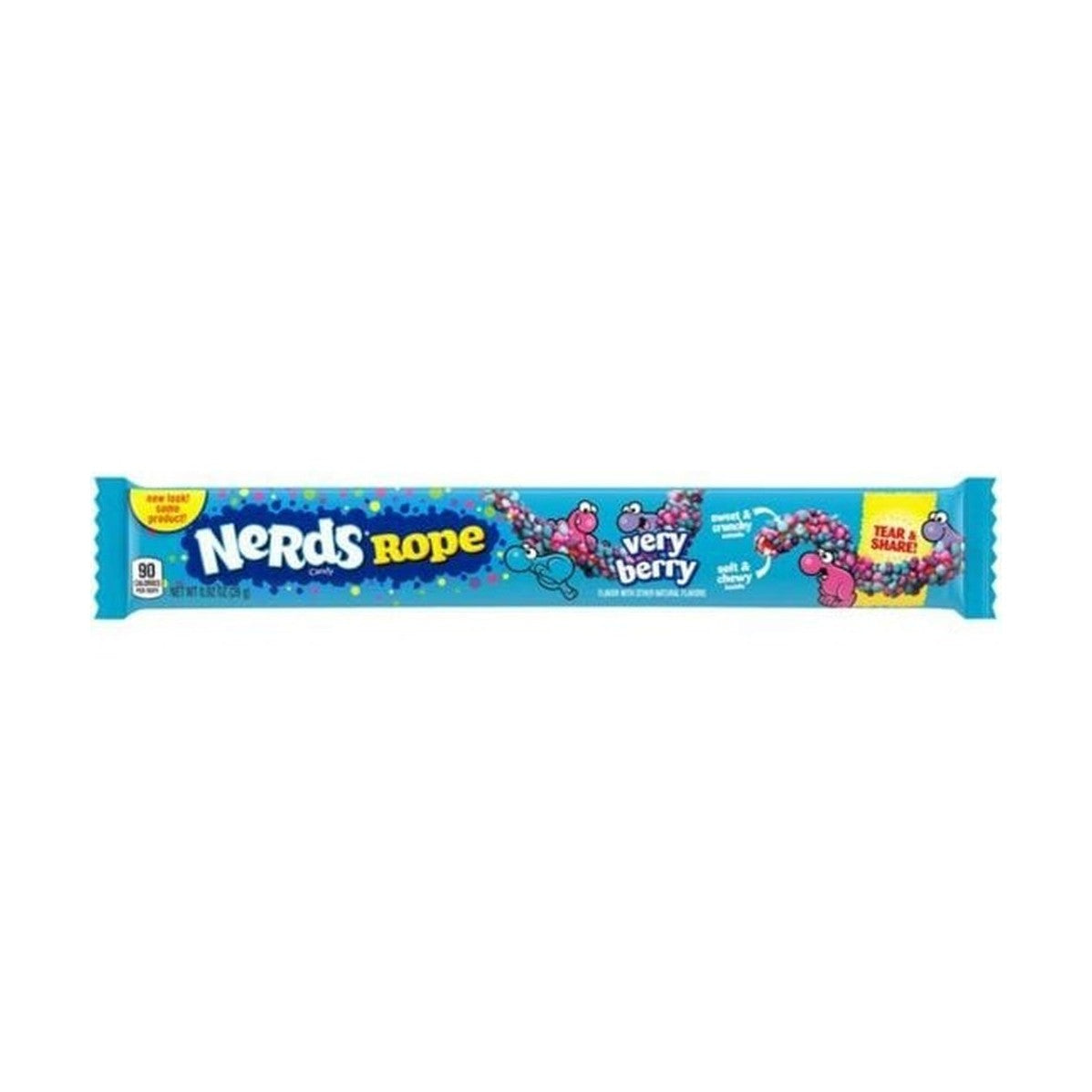 Un emballage bleu long avec un bonbon de perles colorés longs et des personnages rose et mauve. Le tout sur fond blanc